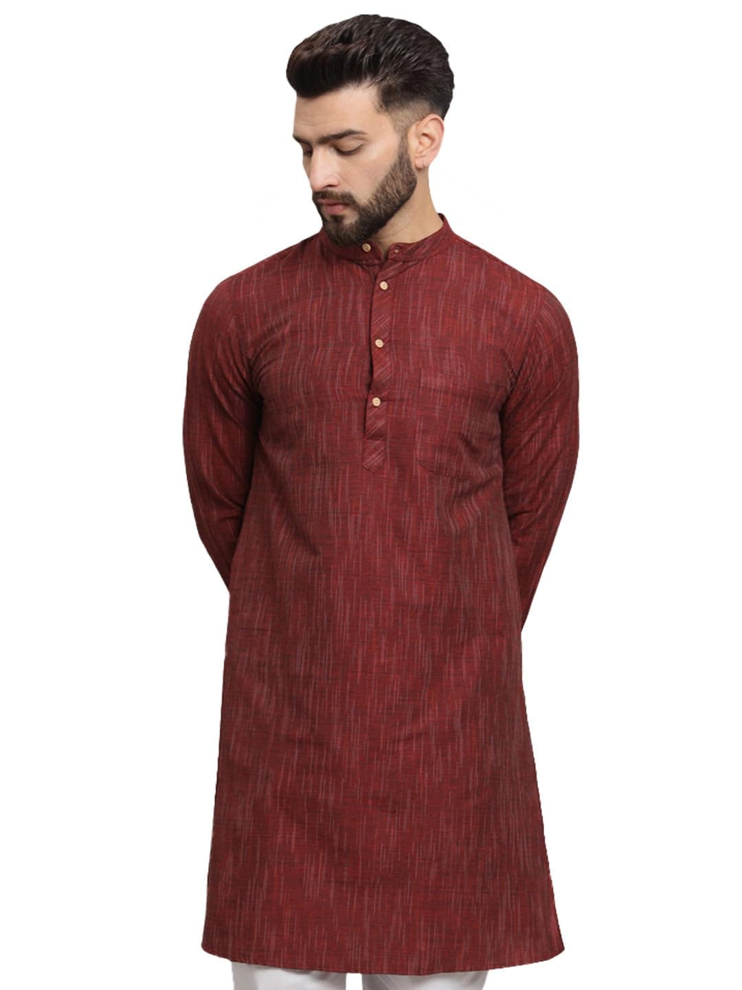 LATEST CHIKAN Men's Cotton Regular Textured Long Kurta Full Sleeves - Casual Ethnic Wear - LK-DBL-RN-48 Rani