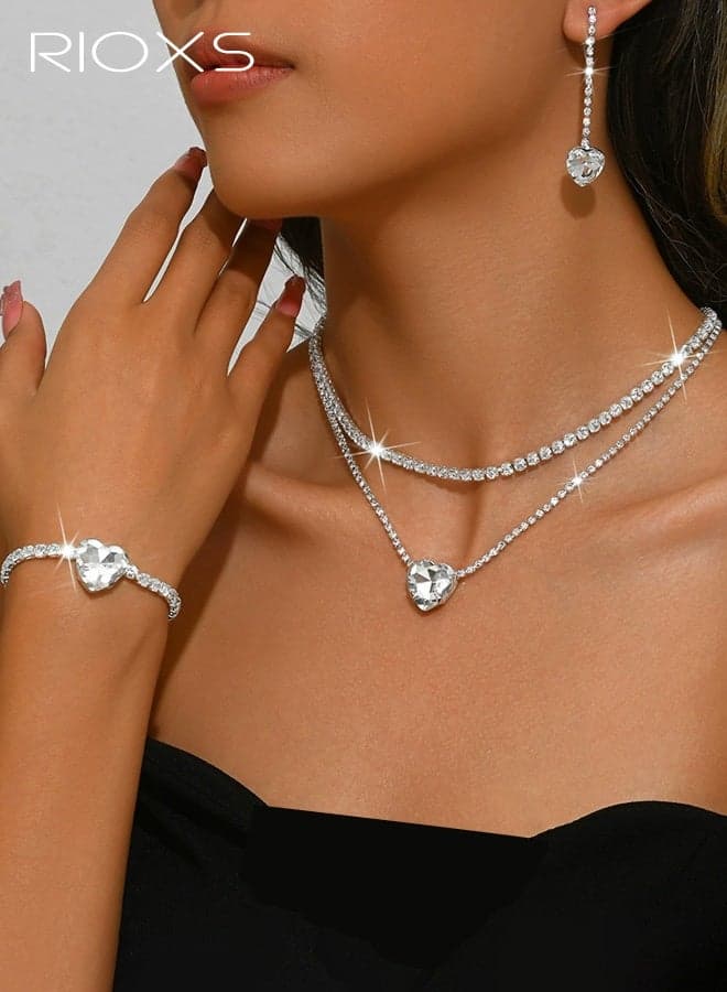 3 Pcs Rhinestone Jewelry Set for Women, Silver Glitter Heart Drop Layered Necklace Earrings and Bracelet, Sparkly Dainty Heart Costume Jewelry Set for Bride, Bridesmaid, Mom, Girlfriend, Sister and Your Loved