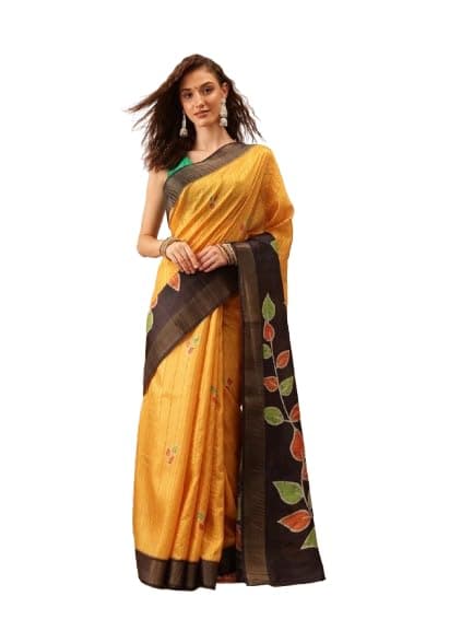 Enthone Women's Traditional Kotha Silk Bengali Style Digital Printed Saree, Mustard