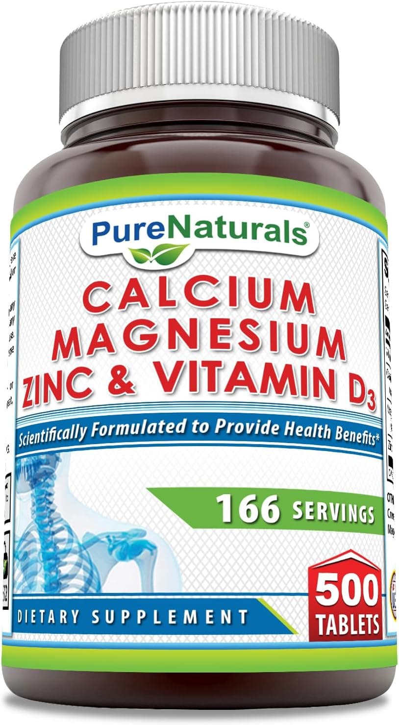 Pure Naturals Calcium Magnesium Zinc Vitamin D3 Supplement Calcium 1000mg Magnesium 400mg Zinc 25mg Vitamin D3 600 IU NonGMO Gluten Free 500 Tablets