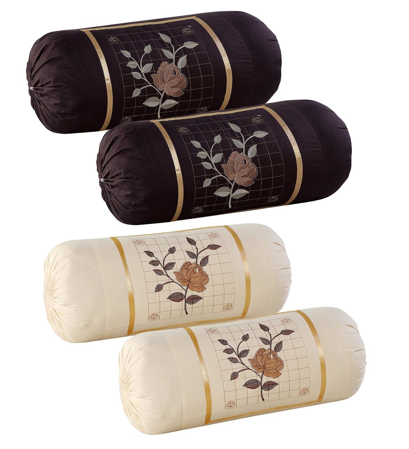 Rj Products™ Embroided Cotton Bolster Covers Set of 4 piece (Cream & Brown)