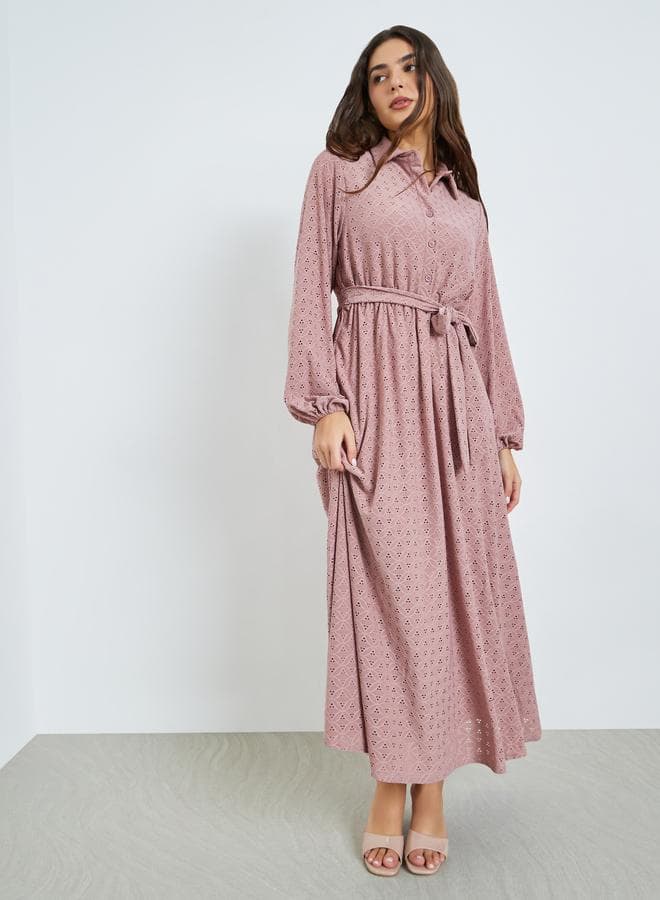 Pink Eyelet Shirt Maxi Dress with Tie-Blet