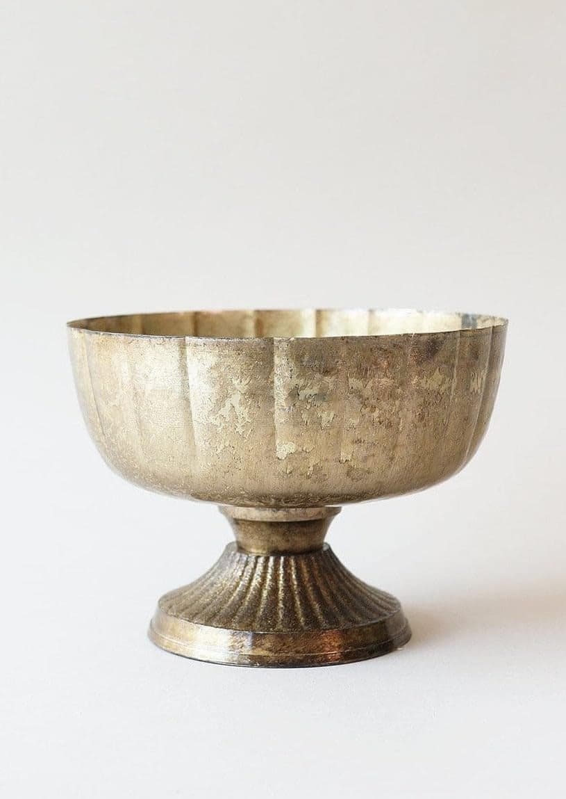 Afloral Distressed Gold Metal Compote Bowl 8 Wide