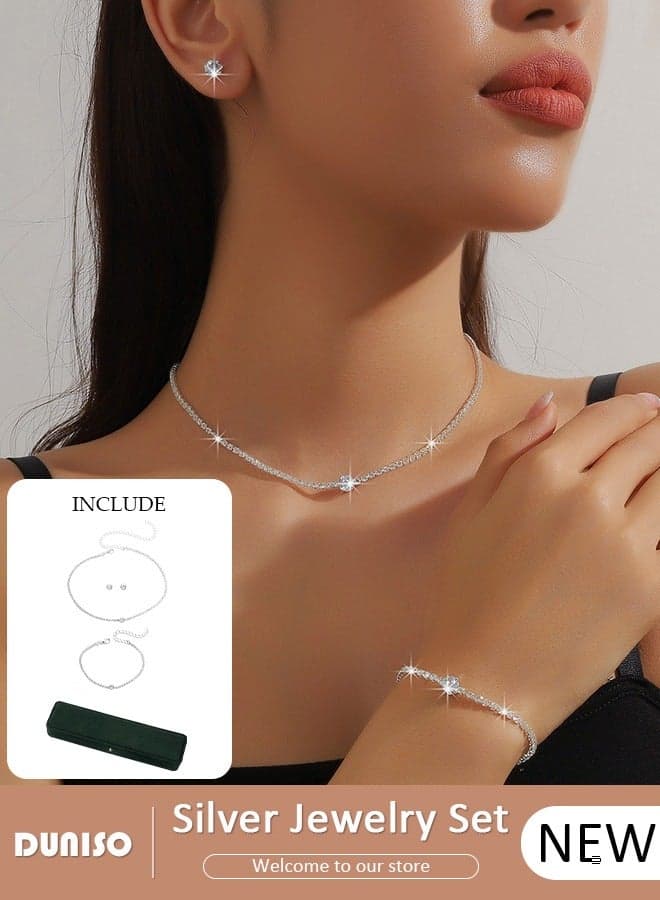 Silver Bridal Jewelry Set, Include Rhinestone Necklace Bracelet Earrings, Brides Bridesmaid Prom Costume Accessories, Wedding Bridesmaid Gifts fit with Wedding Dress