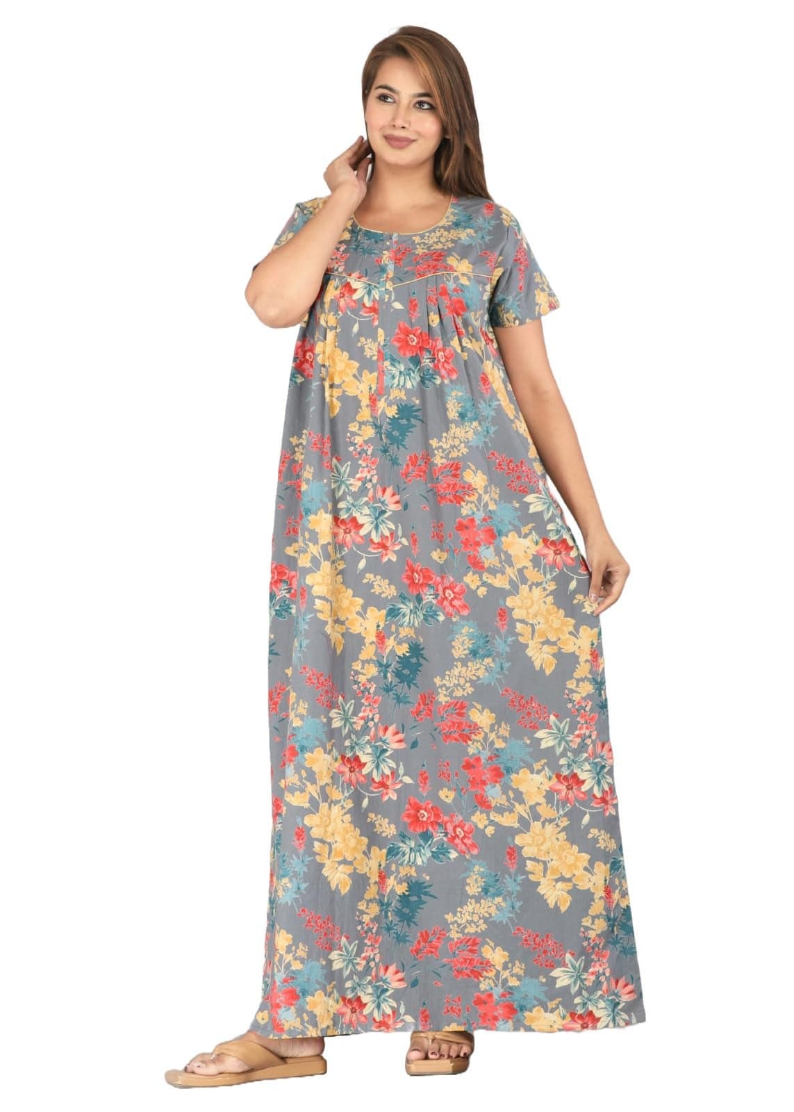 Urali Women Cotton Maxi Printed Night Gown (Grey F1, L) - S473