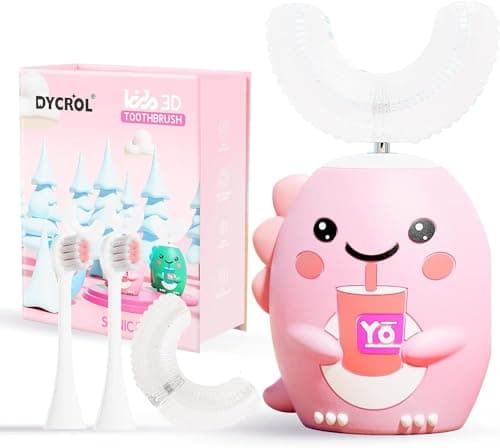 DYCROL Kids U Shaped Electric Toothbrush with 4 Brush Heads, Sonic Toothbrush Kids with 5 Modes, Cartoon Dinosaur 360-Degree Cleaning IPX7 Waterproof Design (2-6 Age (Pink))
