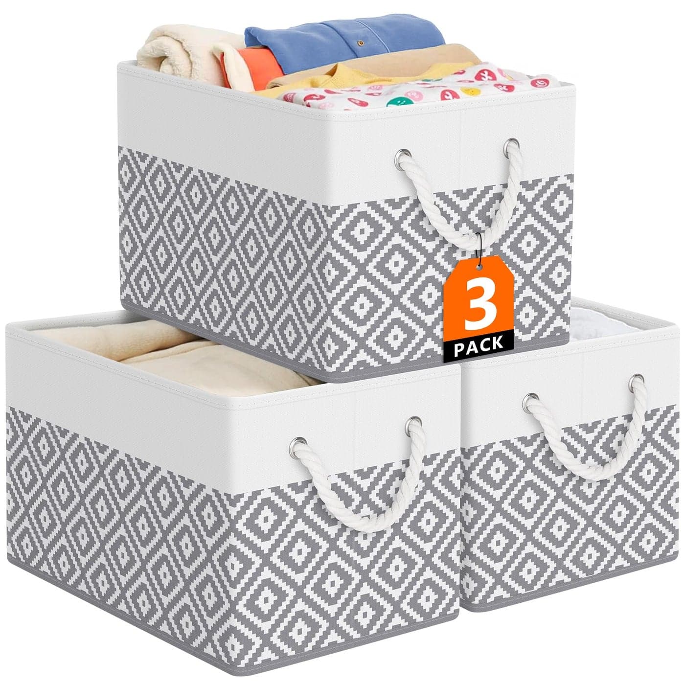 StorageTastic Storage Bins 3Pack Large Storage Box with Rope Handles Collapsible Storage Basket for Organizing Books Clothes Rhombic Grey