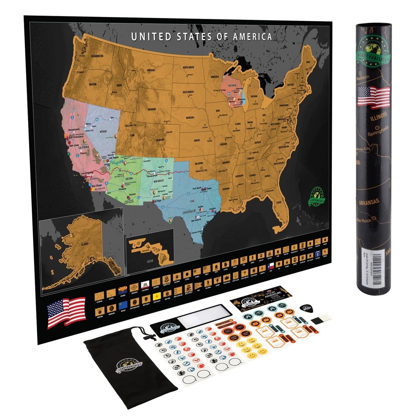 Earthabitats Scratch Off Travel Map US Scratch Off Map with 50 State Flags and Landmarks Track States Visited Full Accessories Set Included Gift for Travelers