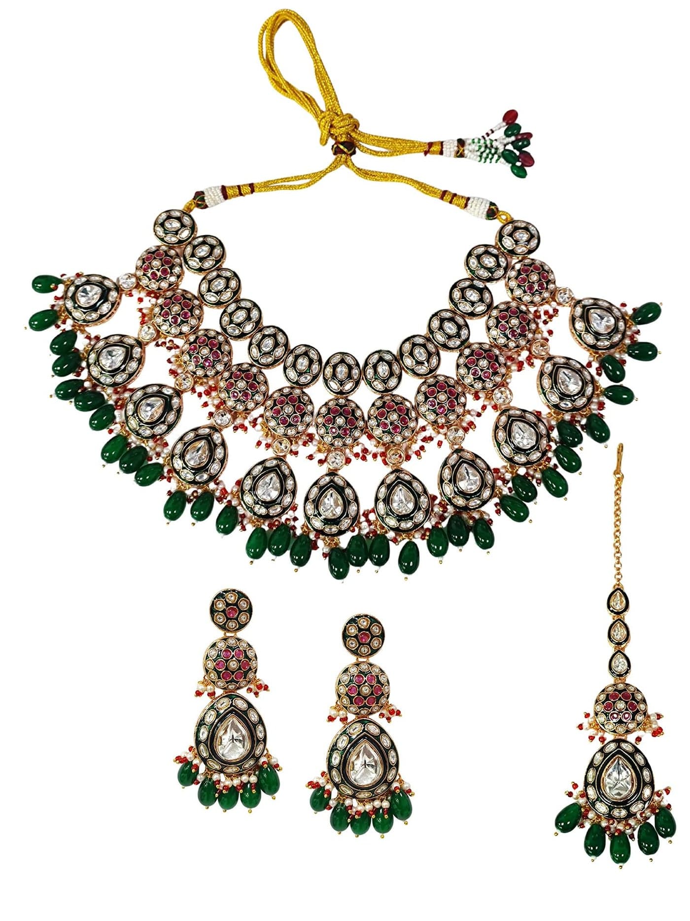 Karatcart Dazzling Red & Green Floral Gold-Plated Kundan Handcrafted Bridal Necklace Set for Women