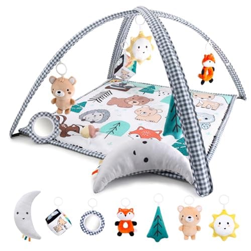 The Peanutshell Unisex Baby Play Gym 7in1 Play Mat Playmat Baby Toys 06 612 Months Tummy Time Mat with Hanging Toys Soft Padded for Newborns Infants Woodland