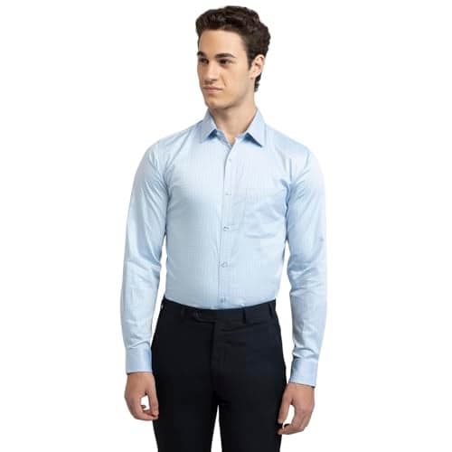Raymond Men Slim Fit Structured Formal Shirt - Pure Cotton, Full Sleeve, Semi Cutaway Collar | Medium Blue