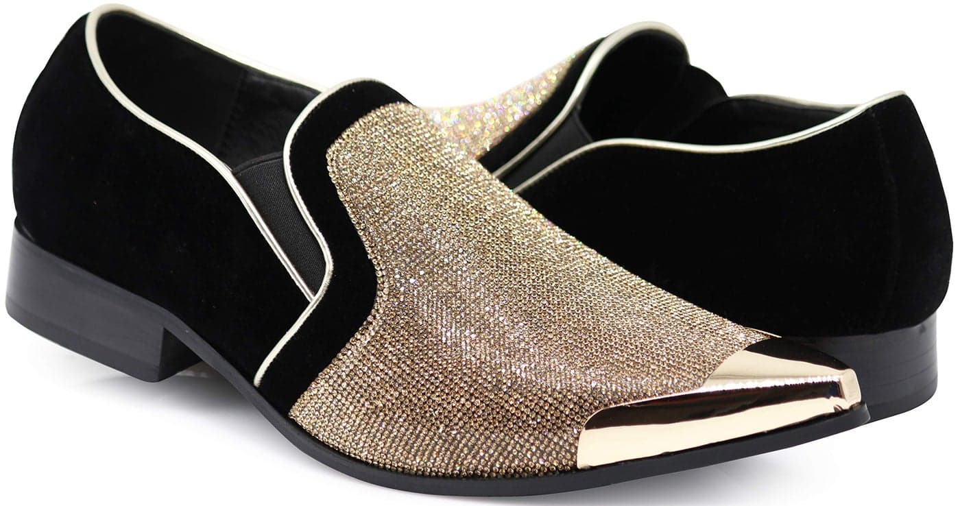 Crisiano Men Stage Fashion Sparkle Rhinestone Metal Chrome Toe Designer Dress Loafers Slip On Shoes Classic Tuxedo Dress Shoe 85 DM US Gold