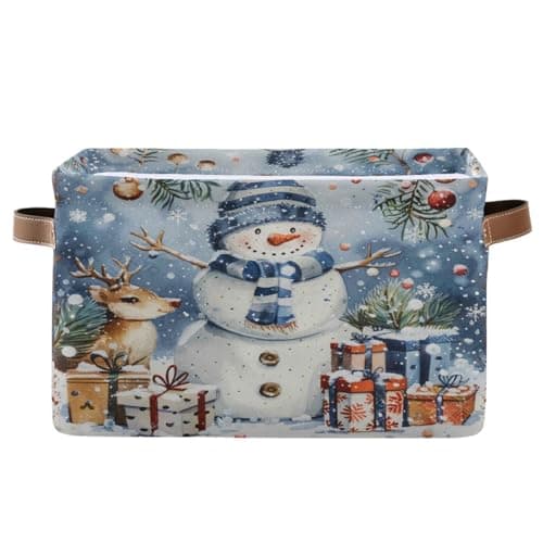 Dussdil Winter Snowflakes Snowman Storage Basket Deer Snow Fabric Storage Organizer Box Bins Large Collapsible Cube Baskets Boxes with PU Handles for Kitchen Shelf Closet Nursery Laundry 1 Pack