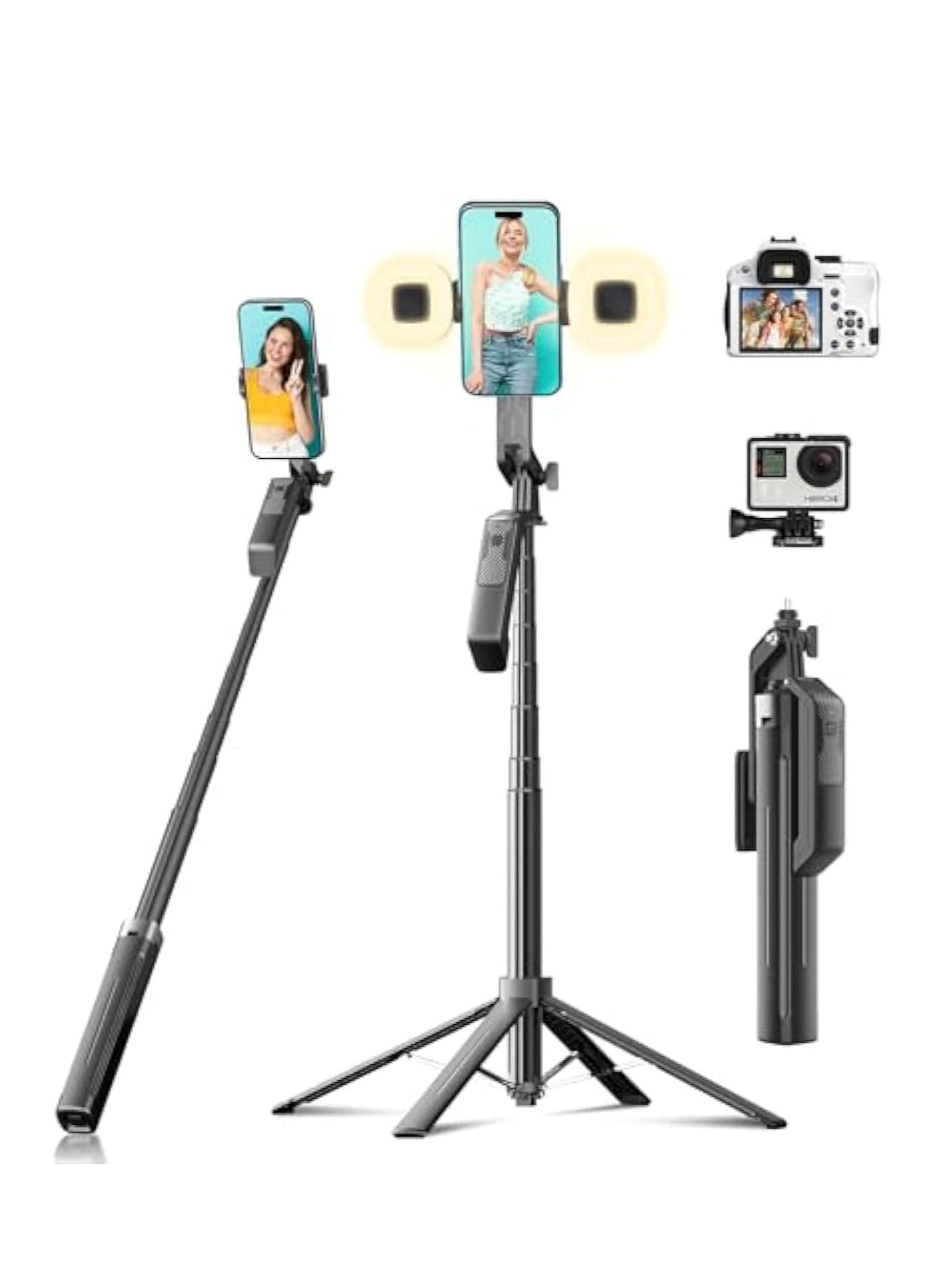Selfie Stick Phone Tripod, 71 inch Tall Cell Phone Holder with Detachable Wireless Remote and 2 LED Lights, Phone Tripod & Tall Travel Tripod, Phone Stand for iPhone, Android, Camera & Gopro