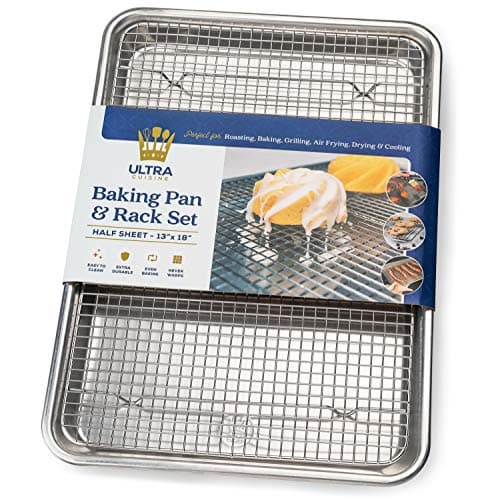 Ultra Cuisine Aluminum Baking Sheet with Stainless Steel Cooling Rack Set -Half Sheet Size Pan 13 x 18 inch, Durable Rimmed Sides, Easy Clean, Commercial Quality for Cooking and Roasting