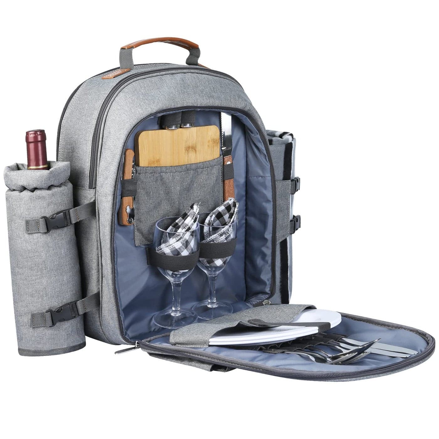 Sunflora Insulated Picnic Backpack for 2 Person Bag with Cooler Compartment Wine Pouch Blanket and Stainless Steel Cutlery Set for Couple Lovers and Friends Grey