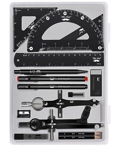 Mr Pen Professional Geometry Set 15 pcs Drafting Tools with Protractor Compass Metal Ruler Triangles Pens Pencils Complete Geometry Drafting Kit for Architects Engineers Students