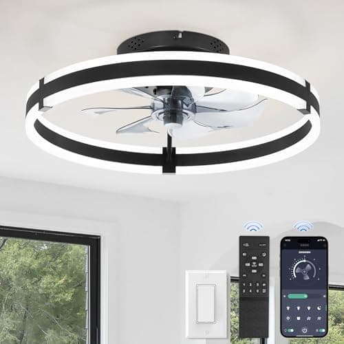 ZMISHIBO Ceiling Fans with Lights and Remote, 19.7'' Low Profile Ceiling Fan, 3000-6000K Dimmable Modern Flush Mount LED Fan Light, 6 Wind Speeds, Black Fandelier Ceiling Fans for Bedroom