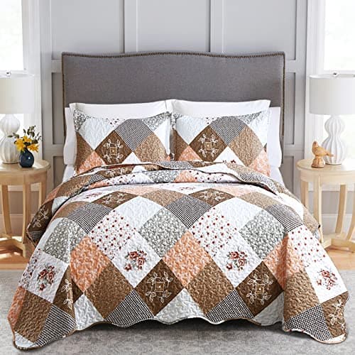 Dinjoy Floral Plaid Patchwork Quilt Set King Size, Reversible Brown Bedding Set Soft Microfiber Lightweight Bedspread Coverlet 3 Piece Fall Autumn Summer Use (104x90 inches)
