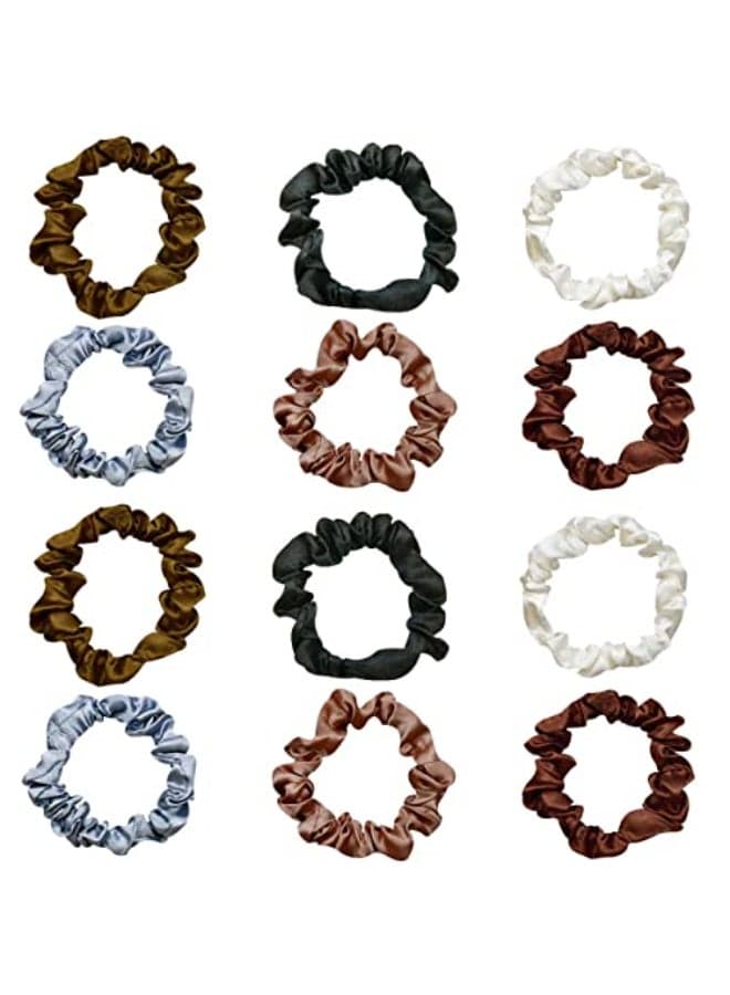 12 Pieces Silk Satin Scrunchies Skinny Hair Ties for Women Girls Ponytail Holder Small Elastic Soft Hair Ropes for Thin Thick and Curly Hair Colorful