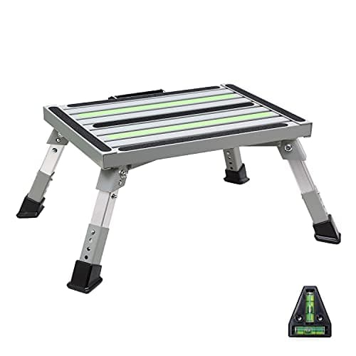 Homeon Wheels Iron RV Steps Adjustable Folding Step Stool with NonSlip Rubber Feet Stable Platform Safety Strips Handle Easy Carry Outdoor Camper Trailer Travel Gray