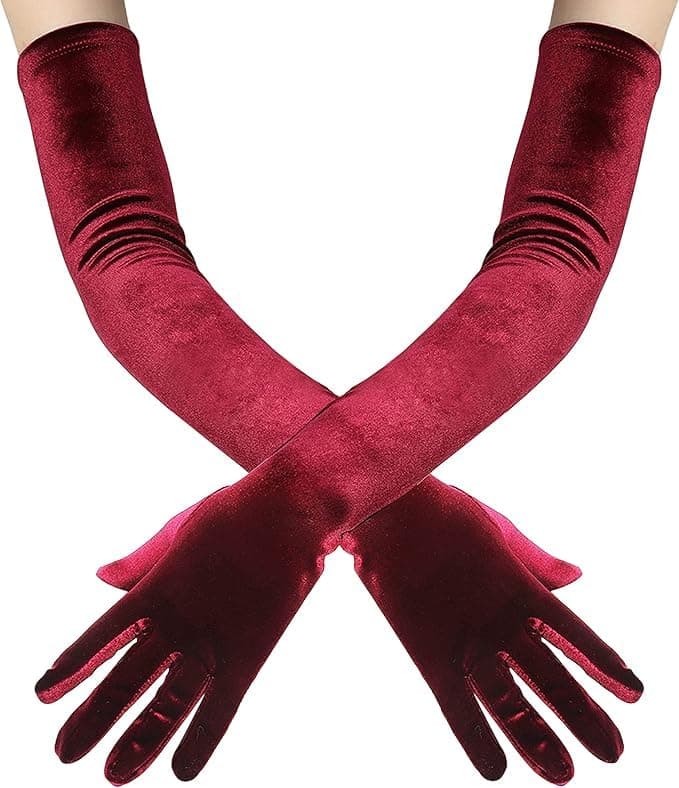 FancyDressWale Women's Long Velvet Gloves – Elegant Opera Style Evening Party Gloves for Costumes, Retro Looks & Fancy Dress (Wine Red, Regular)