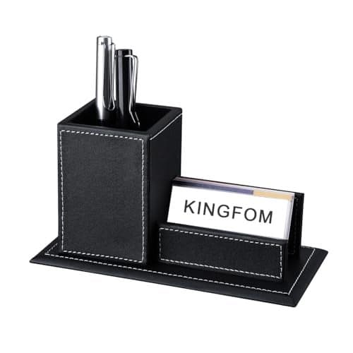 KINGFOM PU Leather Desk Organizer and Accessories Pencil Holder for Desk with Business Cards Stand School Office Supplies Collection Caddy Black