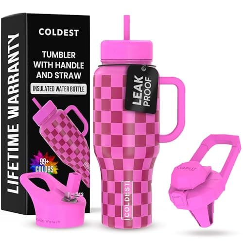 Coldest Tumbler with Handle and Straw 100 Leak Proof Insulated Tumbler with Lid and Straw 3 Lids Stainless Steel Tumblers for Women Men Cup Holder Friendly 36 oz Purple Checkers