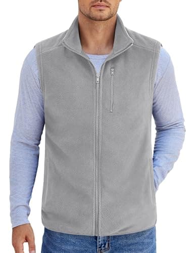 COOFANDY Fleece Vest For Men Lightweight Sleeveless Zip Up Jacket Outdoor Vests With Pockets, Light Grey, Medium