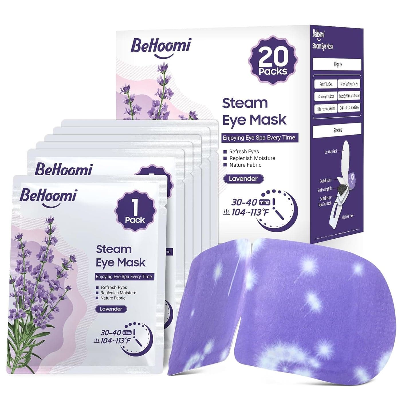 20 Packs Steam Eye Mask Heated Eye Mask Warm Compress for Eyes Disposable Self Heating Eye Mask for Sleep Spa Travel Essentials Relaxation Gifts for Women Stocking Stuffers Lavender