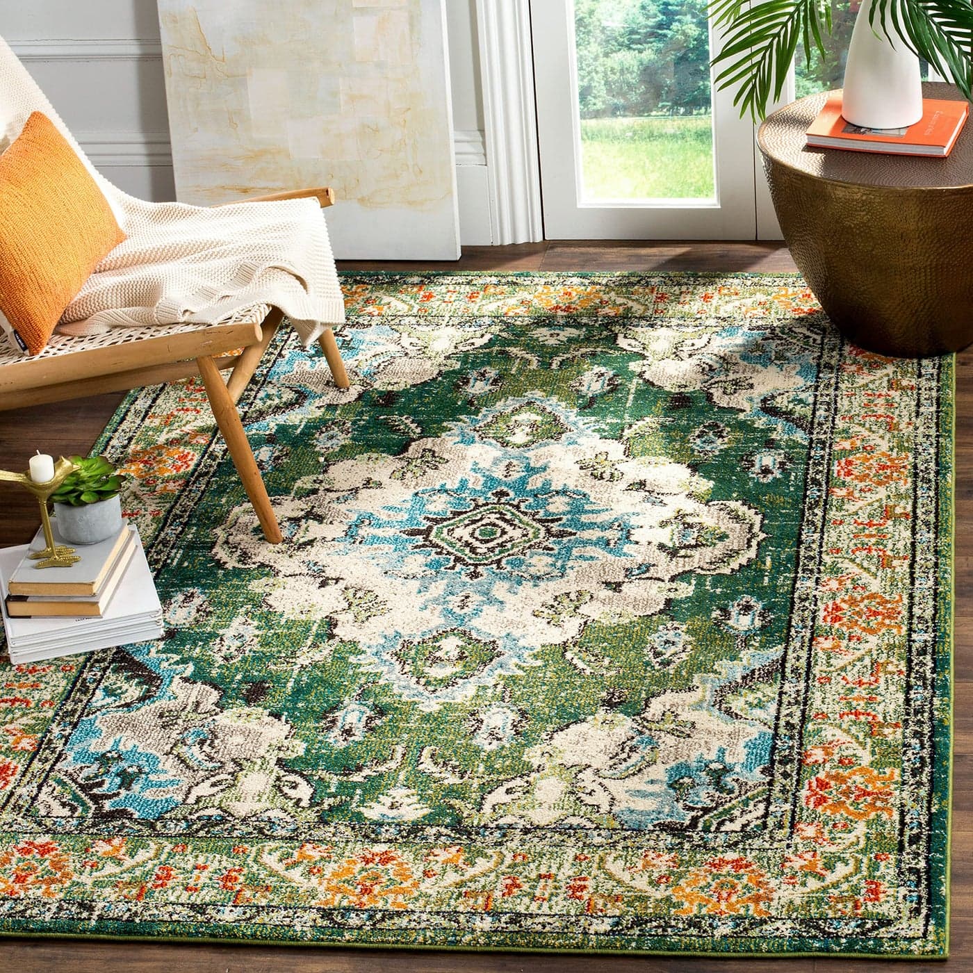 SAFAVIEH Monaco Collection Area Rug 67 x 92 Forest Green Light Blue Medallion Distressed Design NonShedding Easy Care Ideal for High Traffic Areas in Living Room Bedroom MNC243F