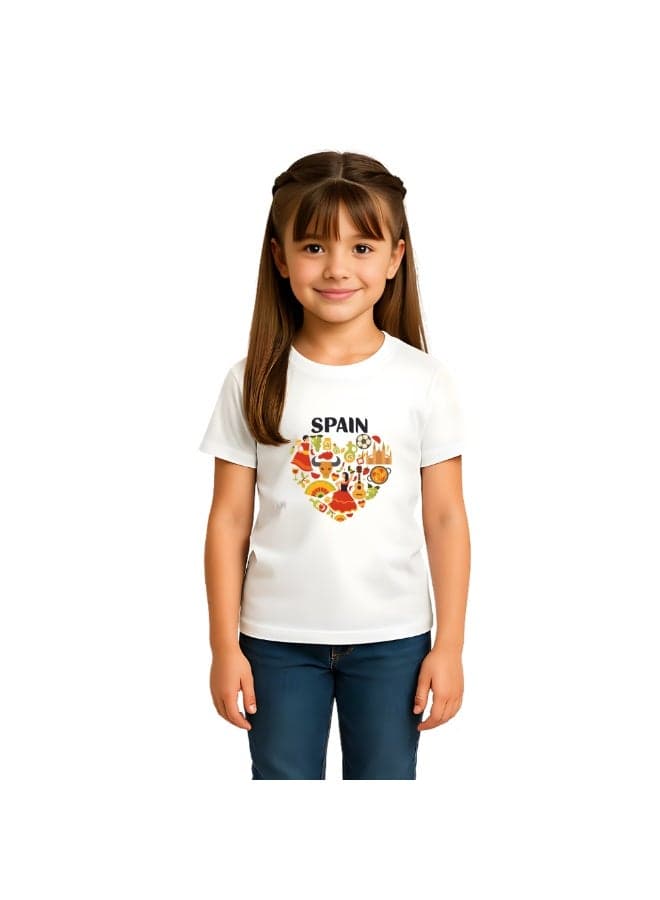 Spain Kids T-Shirt for Girls - Round Neck Short Sleeve Cotton T-Shirt - Soft and Comfortable Kids Girls Tshirt - Perfect for Spanish Souvenirs
