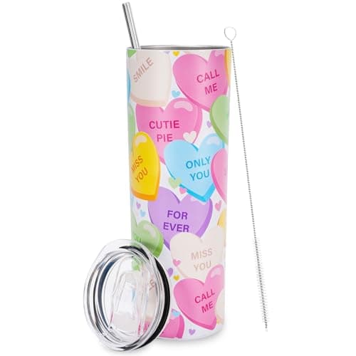 Whaline Valentine's Day Tumbler with Lid and Straw Conversation Heart Stainless Steel Cup Colorful Heart Tumbler Cup Travel Coffee Mug for Holiday Decor Gift Supplies