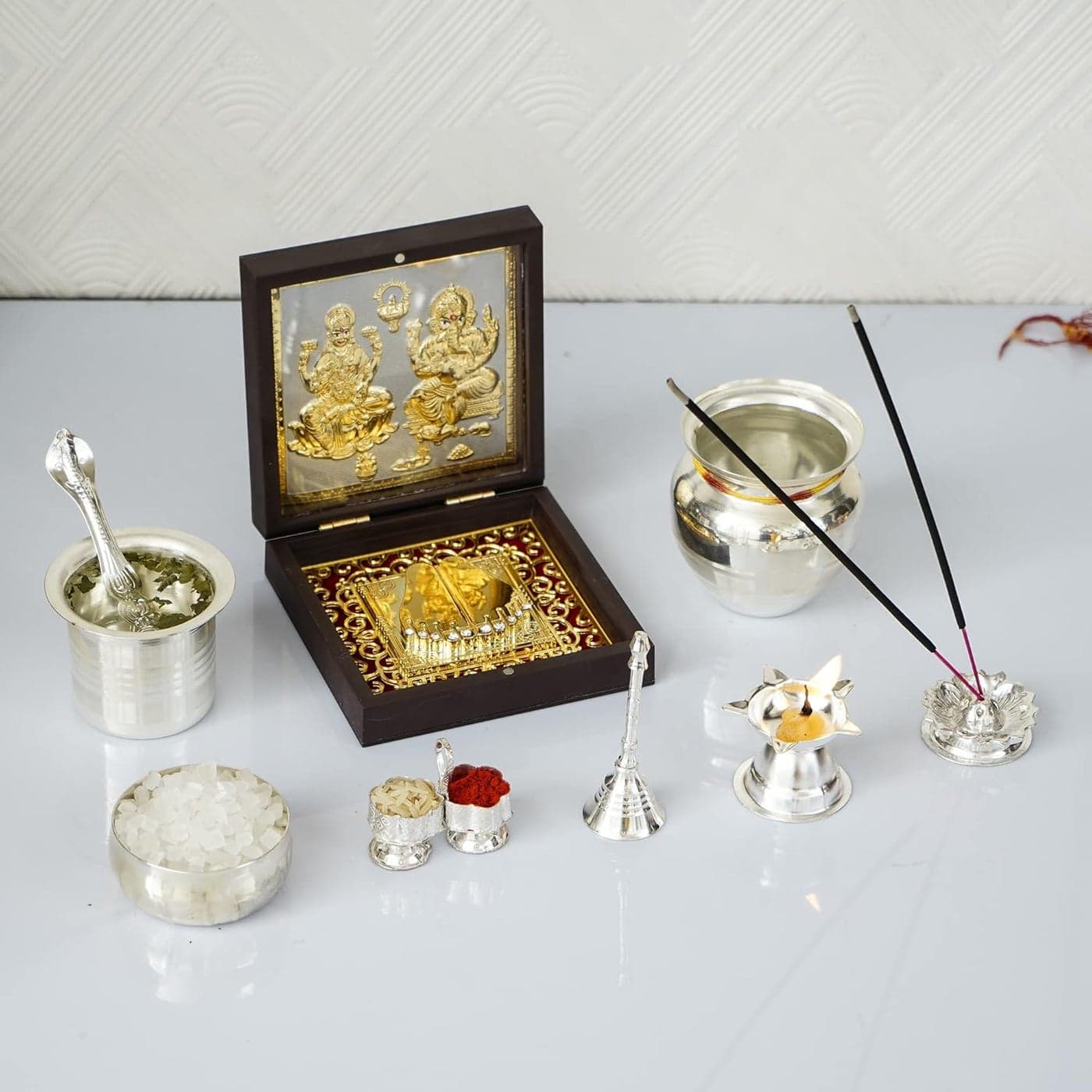 KUSHAL CREATION 24K Gold Plated Mahalakshmi Ganesha Photo Frame Charan Paduka With Pooja item Kit Square Return Gifts for Housewarming LaxmiGanesh Wooden Momento Gift