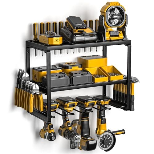 Spampur Power Tool Organizer Wall Mount, 3 Layers Storage Rack with 4 Drill Holders, Garage Storage Rack for Handheld, Metal Tool Shelf Utility Rack for Cordless Power Tools, Suitable for Giving men