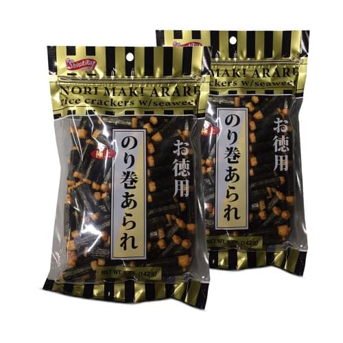 Shirakiku Japanese Nori Maki Arare Rice Crackers with Glutinous Rice Soy Sauce Wheat and Seaweed Crispy and Savory Cracker Snacks Seaweed Flavor Pack of 25oz Each Total 10oz