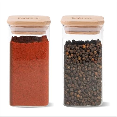Better Home Borosilicate Glass Jars with Bamboo Lid, Pack of 2 (300ml) | Rectangular Airtight Spice Jars | Jar Set for Kitchen