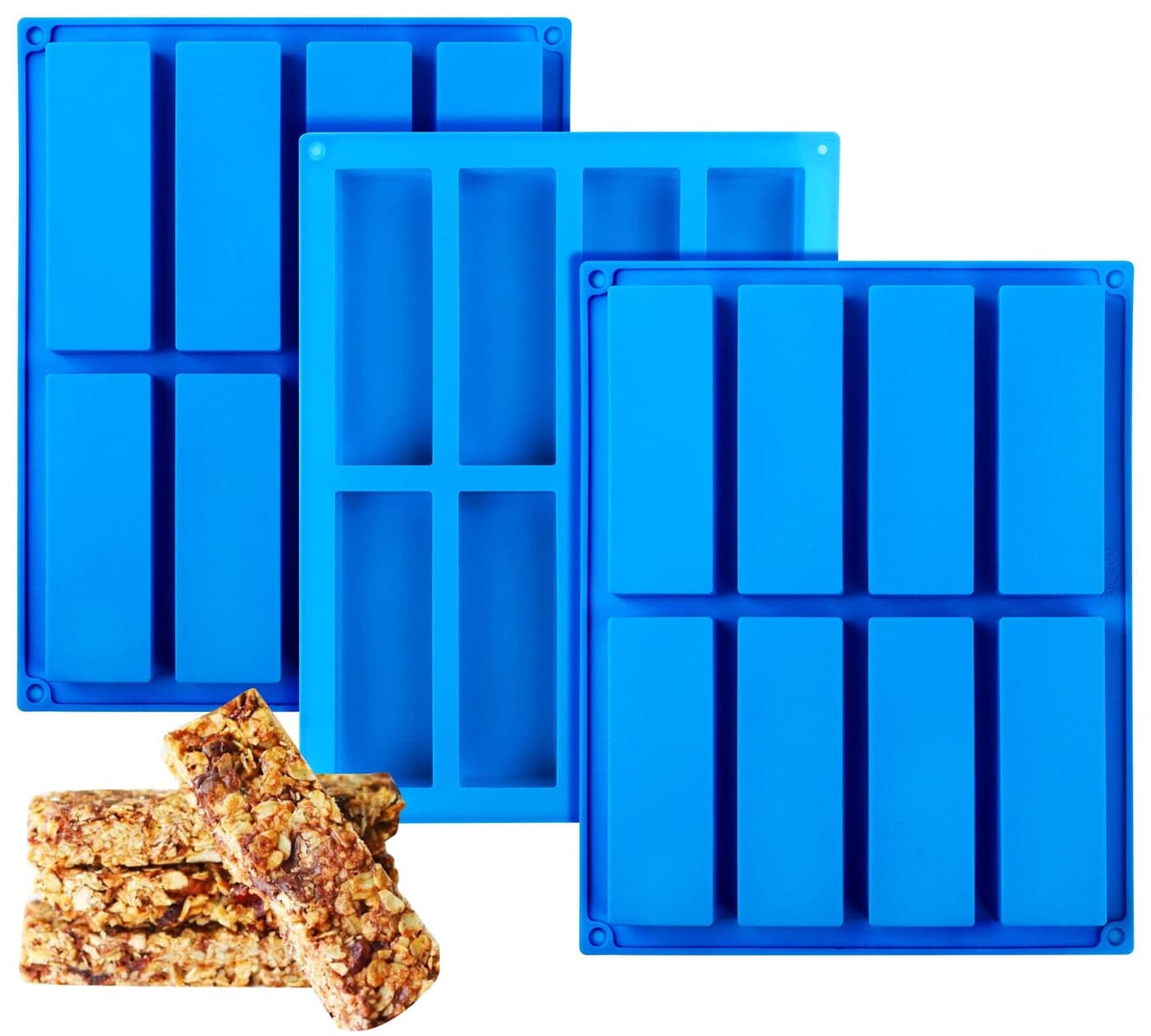 Sidosir 3Pcs Granola Bar Mold Silicone Mold 8Cavity Rectangle Molds for Energy Bar Silicone Baking Molds for Large Granola Bar 3 Blue 8Cavity