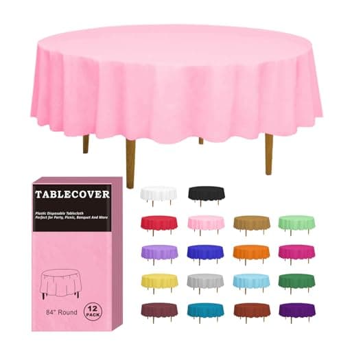 DZ Plastic Table Cloth Disposable 12 Pack Pink Round Tablecloth Individually Wrapped for IndoorOutdoor 84 Inch Table Cover for Party Picnic Birthday Wedding Dinner