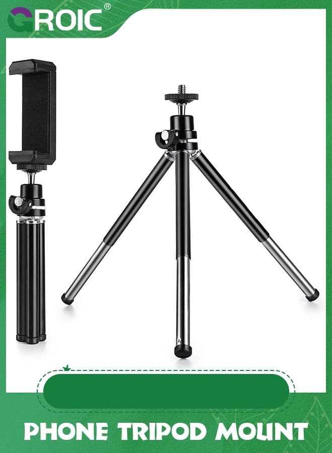 Black Mini Tripod, Multi-Purpose Compact Metal Extendable Lightweight Desktop Tripod for Webcam and Phone with Phone Holder