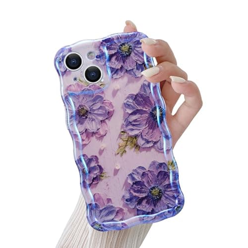 QLTYPRI Case for iPhone 14 Plus/iPhone 15 Plus, Laser Colorful Retro Oil Painting Flower Pattern Cute Curly Wave Frame Exquisite Phone Case for Girls Women,Shockproof TPU Protective Phone Cover-Purple