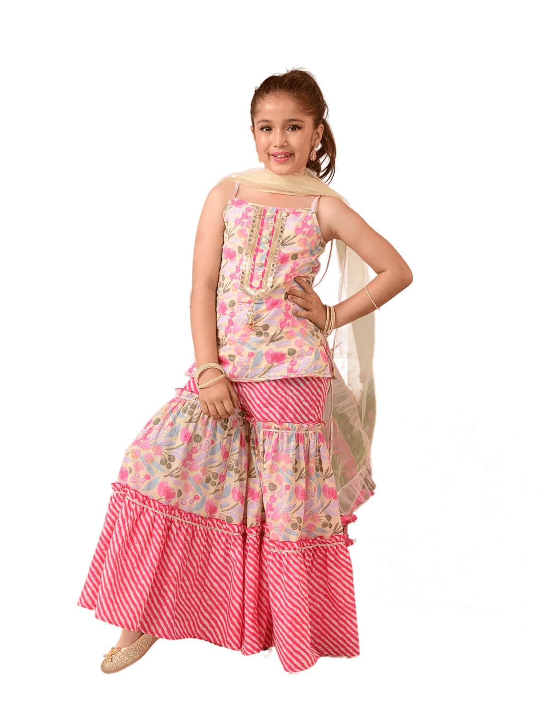 Pspeaches Girls Cotton Sleeveless Shoulder Straps Floral Print Kurti And Sharara With Dupatta 3 Piece Set|Ethnic Wear For Kids Girls|Traditional & Festive Outfit 5-6 Year Cream & Pink