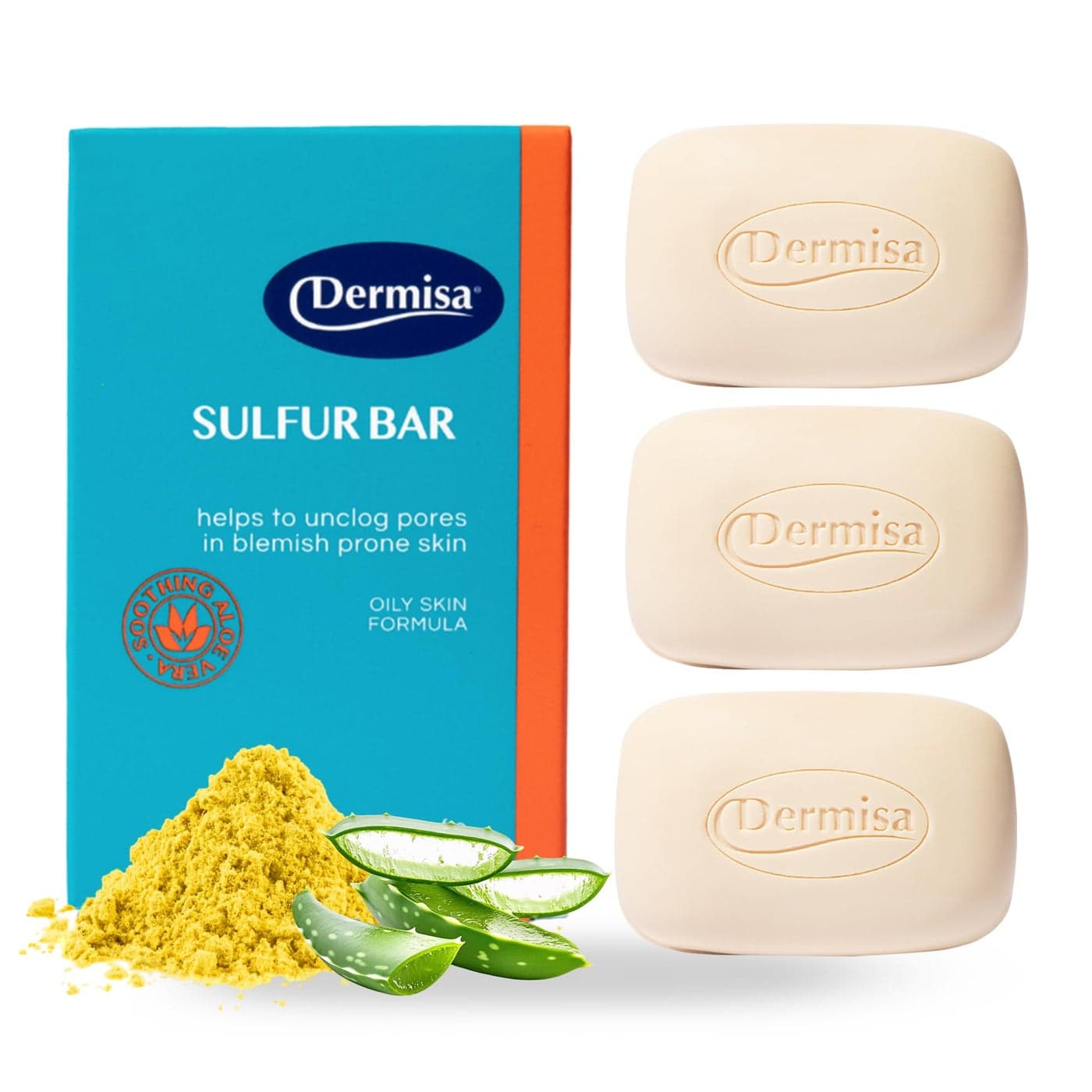 Dermisa Sulfur Bar with Aloe Vera Helps to Cleanse Oily AcneProne Skin and Unclog Pores Contains Sulfur Aloe Vera NO PARABENS NO ANIMAL TESTING 3 OZ Pack of 3