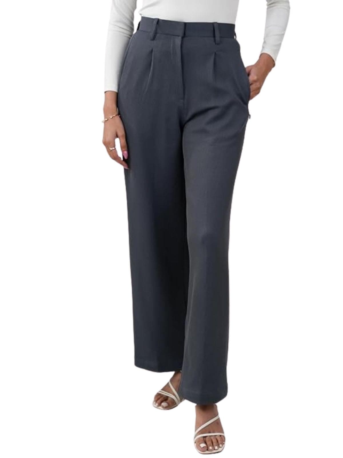 Leriya Fashion Women High Waist Polycotton Formal Trousers | Summer Breathable Wide Leg Pants with Pockets |Casual, Office & Travel Outfits Grey