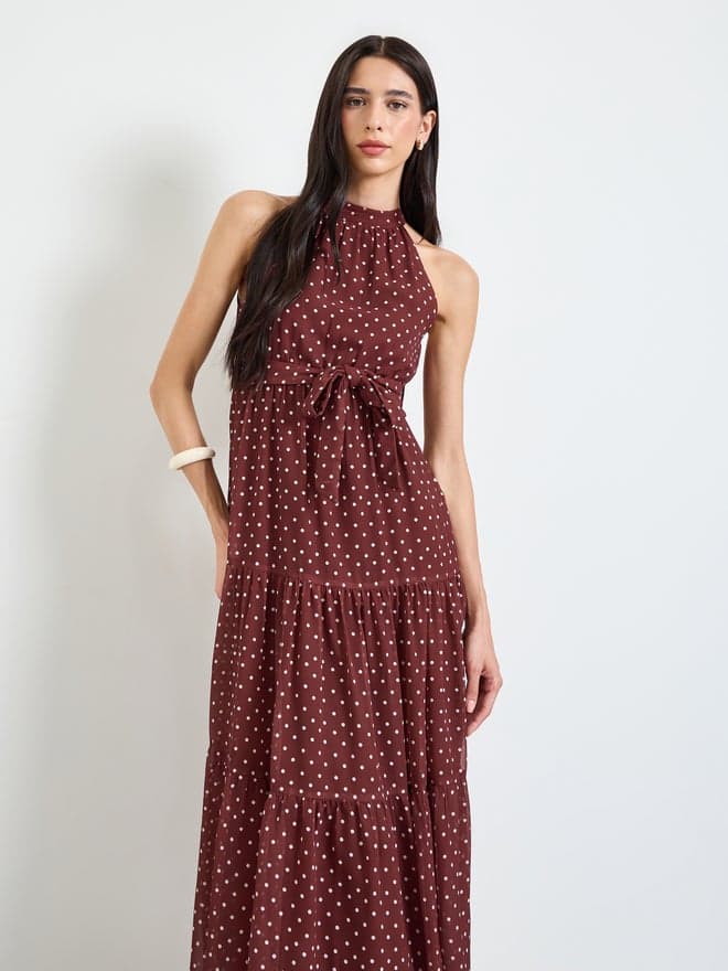 Styli Brown Polka Dot Tiered Maxi Dress
