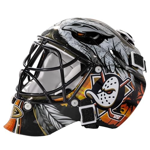 Franklin Sports Anaheim Ducks NHL Mini Hockey Goalie Helmet - Mini NHL Team Goalie Face Masks with Display Case - Perfect Bedroom, Office + Desk Accessory for Hockey Fans - 5" x 4.5" x 4" Inches