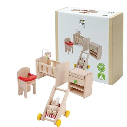 PlanToys Wooden Nursery Dollhouse Furniture Set for Kids Montessori Small World and Caregiving Pretend Play Eco Friendly Wooden Dollhouse Baby Room Set for Imaginative Play