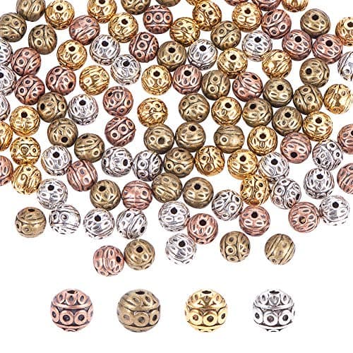 PH PandaHall 120pcs 8mm Tibetan Spacer Beads Corrugated Round Metal Beads 4 Colors Craft Loose Beads Retro Bracelet Beads for Necklace Bracelet Earring Jewelry Making Hole 1mm