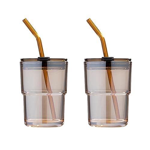 BLUEPOLAR 13 oz Tumbler Water Glass, Water Bottle with Straw and Dustproof Lid, Coffee Ice Cup Double Wall Insulated Glass Cup (Amber-2Pack)