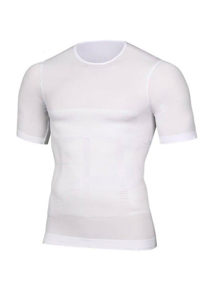 Men's Body Shaping Compression Wear|Abdomen Control Shapewear|Abdomen Control Sweatshirt|Corrective Fit Short Sleeve||Plain Slimming Undershirt White